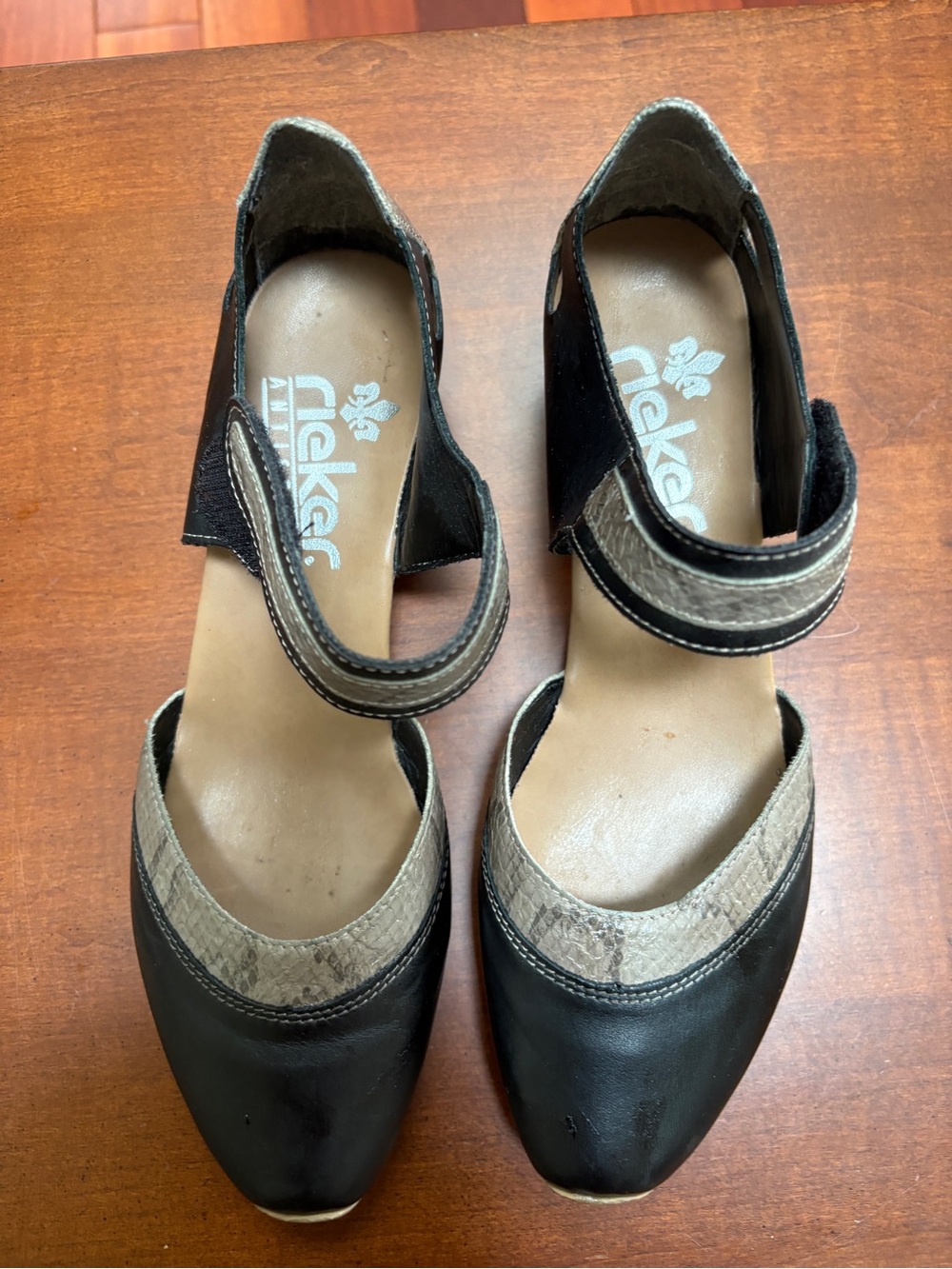 Rieker Black and Taupe Two-Tone Leather Ankle-Strap shoes